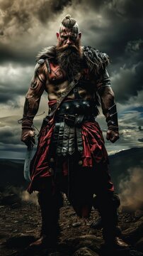 Fierce warrior in ancient armor holding a sword, with a dramatic sky background.