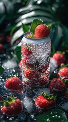 Wall Mural - Fresh strawberries in a glass of sparkling water surrounded by berries on a wet surface.