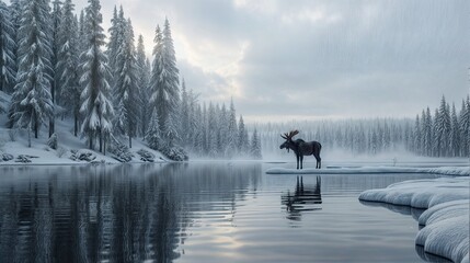 Wall Mural - An animal staning at frozen lake