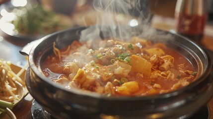 a steaming pot of kimchi jjigae, showcasing the hearty stew in a setting of a cozy winter home, emphasizing warmth and comfort. --ar 16:9 --style raw Job ID: 03c1f245-c01f-4fba-b571-8df520314449