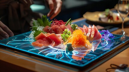 Wall Mural - A sashimi platter enhanced with augmented reality elements, floating virtual garnishes around the dish, emphasizing cutting-edge dining experiences. --ar 16:9