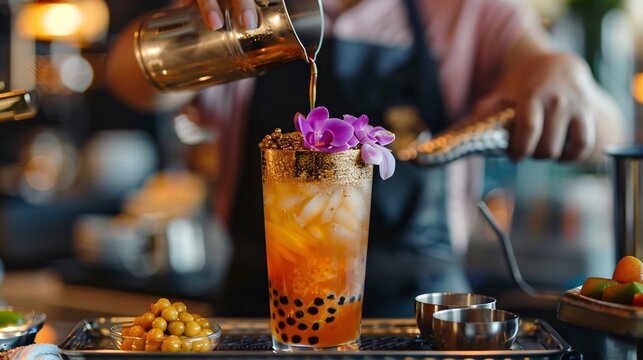 An extravagant scene of luxury boba tea being served, with a skilled barista meticulously crafting a custom drink with premium ingredients like handcrafted organic tea, artisanal fruit syrups, and