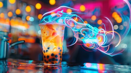 A dynamic composition showcasing a boba tea drink being shaken to perfection by a skilled barista, with ingredients swirling together in a clear plastic cup, captured in mid-motion against a colorful