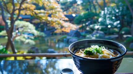 Wall Mural - A serene bowl of udon noodles served in a tranquil Japanese garden, emphasizing harmony and relaxation. --ar 16:9 --style raw Job ID: 2295918f-3f2e-4a96-ad3d-d7cf9f0a2018
