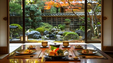 A serene garden setting with a beautifully arranged kaiseki meal, emphasizing harmony with nature and seasonal ingredients. 