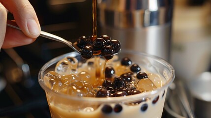 A close-up shot of a hand using a long spoon to scoop up tapioca pearls from a cup of boba tea, showcasing the chewy texture of the pearls against the creamy liquid.