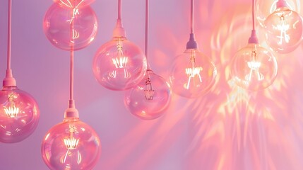 Wall Mural - Bulbs shine against a solitary, abstract pink background, casting a warm hue.