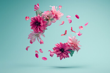 Wall Mural - abstract floral illustration with pink flowers and leaves for spring greeting card design