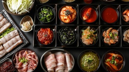 Wall Mural - samgyeopsal served with unique dipping sauces, showcasing inventive flavors in a setting of a contemporary restaurant, emphasizing innovation and flavor exploration. --