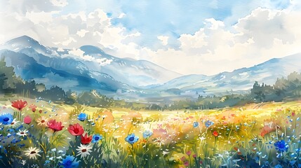 Canvas Print - Vibrant Watercolor Landscape of Blooming Wildflowers in Serene Mountain Valley at Sunrise