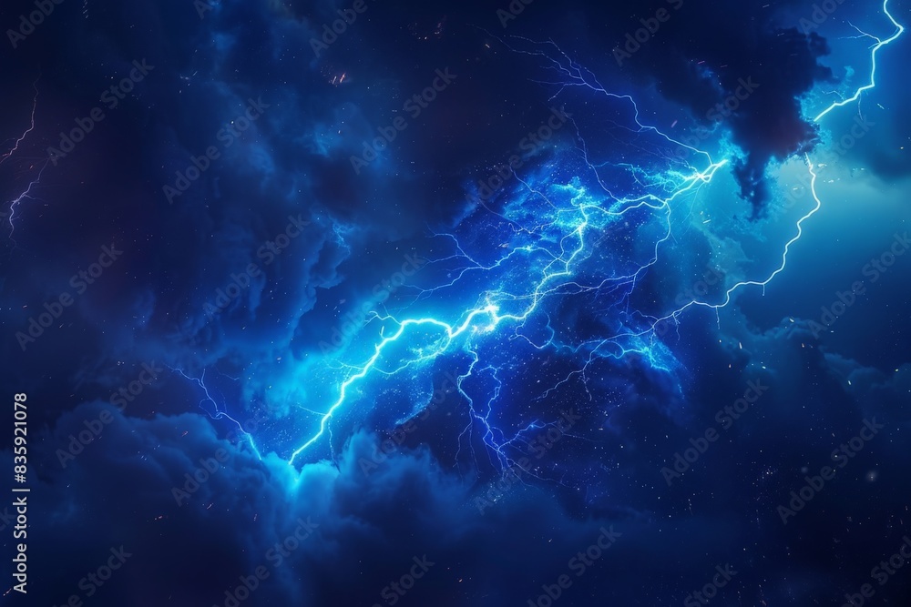 A blue lightning bolt streaks through the night storm, its crackling ...