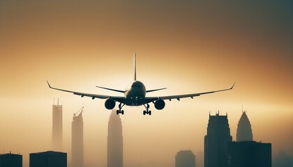 silhouette of a passenger plane flying over two skyscrapers, warm light, foggy weather	
