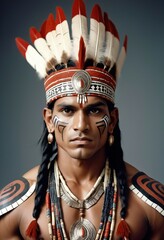 Wall Mural - portrait of a muscled young American Indian tribal chief in traditional dress, isolated white background, copy space for text	
