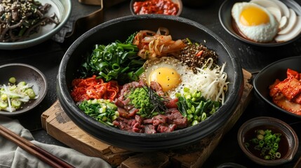 Wall Mural - bibimbap with gourmet ingredients, showcasing truffle and premium meats in a setting of a fine dining establishment, emphasizing luxury and culinary artistry.