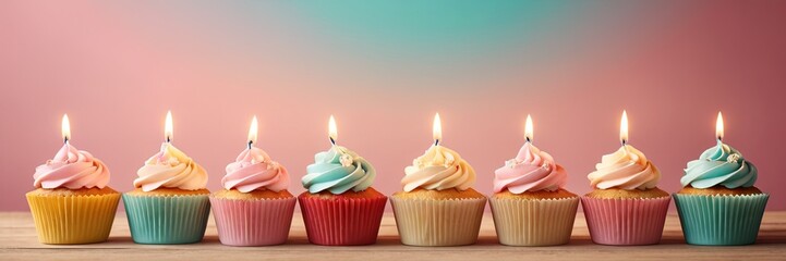 Colorful cupcakes with lit candles are displayed against a pink background, indicating an indoor celebration event marking of joy and celebrating. with free space