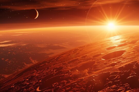 Breathtaking panoramic view of the rugged,barren Martian landscape at sunset,with a glowing red and orange sky casting a dramatic,otherworldly glow over the rocky,crater-filled terrain.