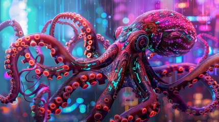 Wall Mural - Captivating digital artwork depicting a octopus transforming into a robotic,bio-hybrid creature amid a mesmerizing display of neon lights,vibrant colors,and surreal digital landscapes - illustrating