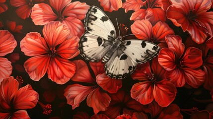 Wall Mural - Delias eucharis and vibrant red flowers The common Jezebel or pierid butterfly