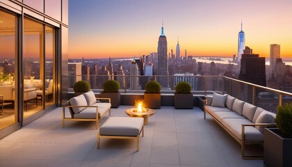 Wall Mural - Majestic cityscape of New York City observed from the private terrace of an upscale skyscraper apartment.