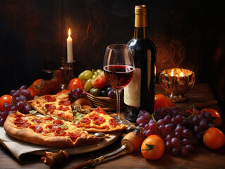 Wall Mural - Romantic love heart shaped pizza dinner and giving gifts