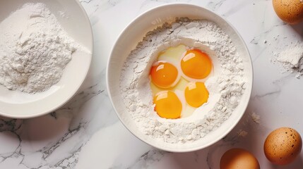 Contemporary mixing of eggs and flour in a bowl on a white marble kitchen table