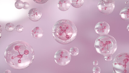 Wall Mural - 3d cosmetic rendering pink bubbles of serum on a fuzzy background. design of collagen bubbles. the c