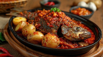 Wall Mural - Spicy Asam padeh tilapia fish and potatoes on a wooden table