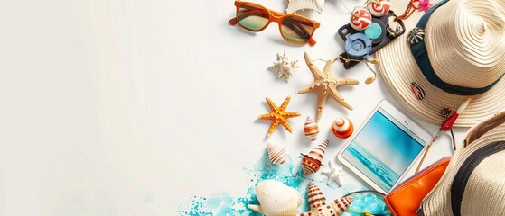 Flat lay of summer travel accessories including hat, sunglasses, camera, seashells, and beachwear ready for a beach vacation.