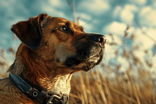 A brown and black mixed breed dog is sitting in a green field, surrounded by nature