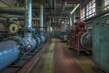 Wall Mural - A room filled with industrial pipes and valves, suitable for use in industry, engineering or technical illustrations