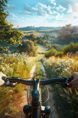 Wall Mural - A person rides a bicycle along a dirt road with a natural environment