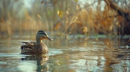 a duck swims peacefully in a serene pond surrounded by calm water, perfect for use in nature or wild