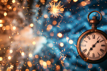 eve 2025 with colorful fireworks on dark blue sky background, clock and blurred firecrackers for happy new year celebration, explosion light effects 