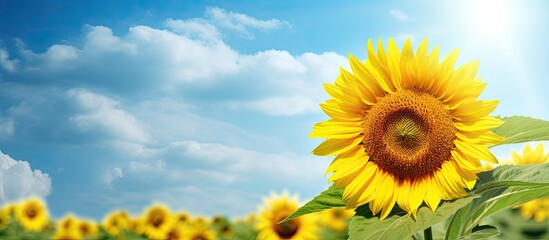 Poster - A flower of a sunflower blossoms on a field of sunflowers on a sunny day. Creative banner. Copyspace image