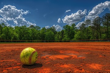 Wall Mural - A yellow softball sits atop a well-manicured baseball field, perfect for a game or practice session