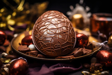 Wall Mural - chocolate easter egg, chocolaty and festive egg shaped candy, a treat for the season. generative ai