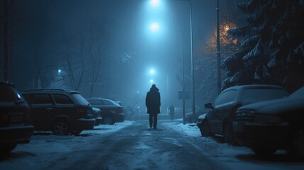 Wall Mural - A person walking alone on a snowy street at night, great for winter scenes or nighttime shots