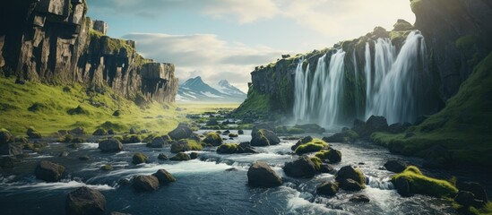 Nature scenic view of waterfalls with streaming water over ragged rocks and rugged terrain. Creative banner. Copyspace image