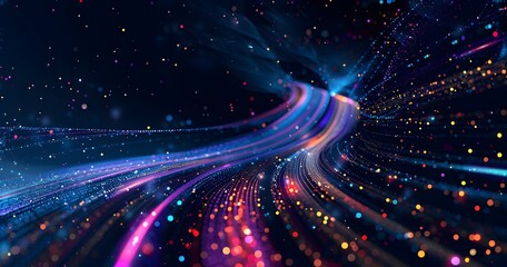 Wall Mural - abstract digital background with colorful lines and dots on a dark blue background, data flow techno