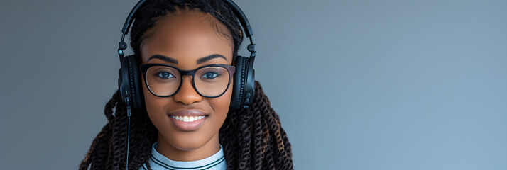 Wall Mural - Confident young African American woman with headphones and glasses, showcasing modern style and digital lifestyle