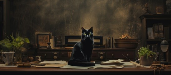 Sticker - Black cat sitting on a wooden desk. Creative banner. Copyspace image