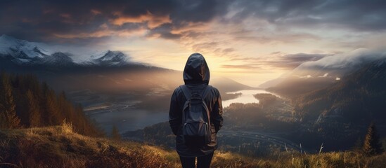 travel and photographer concept from backside of woman with hoodie cloth stand and see sunrise from mountain view. Creative banner. Copyspace image