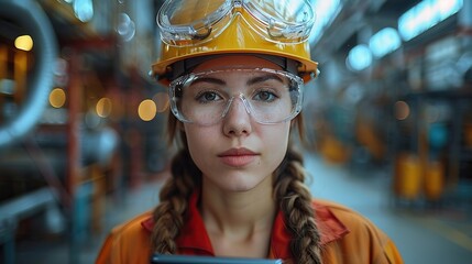 Wall Mural - female chief engineer in modern industrial factory using tablet and making audit.illustration