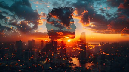 Wall Mural - double exposure image of the business man standing back during sunrise overlay with cityscape image the concept of modern life business city life and internet of things. stock image