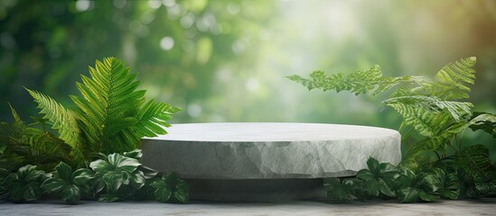 Poster - Natural stone and concrete podium in Natural green background for Empty show for packaging product presentation Background for cosmetic products the scene with green leaves Mock up the pedestal