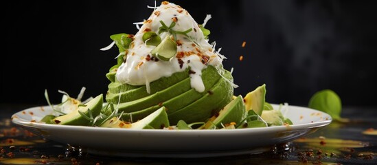 Aufkleber - avocado salad with coconut cream cheese sauce. Creative banner. Copyspace image