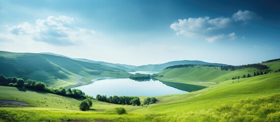 Sticker - blue lake on a background of green hills. Creative banner. Copyspace image