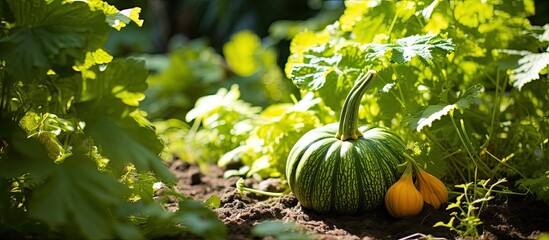 Poster - The green pumpkin is growing in the garden. Creative banner. Copyspace image