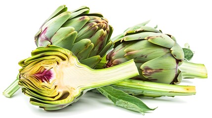 Wall Mural - Fresh artichokes with vibrant green leaves. Perfect for cooking, salads, or health food imagery. Beautifully detailed and colorful. Isolated on white background. AI