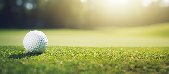 Sticker - golf ball near the putting green in a very sunny day. Creative banner. Copyspace image